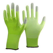 NMSAFETY 13 gauge knitted hi-viz green nylon liner coated white pu on palm and grey carbon on top three fingers ESD gloves